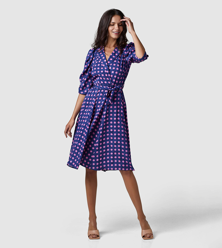 Polka Dots Revere Collar Dress with Waist Belt