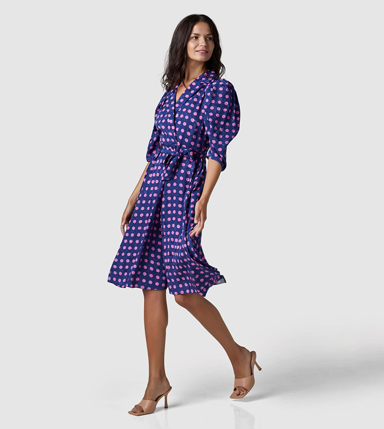 Polka Dots Revere Collar Dress with Waist Belt