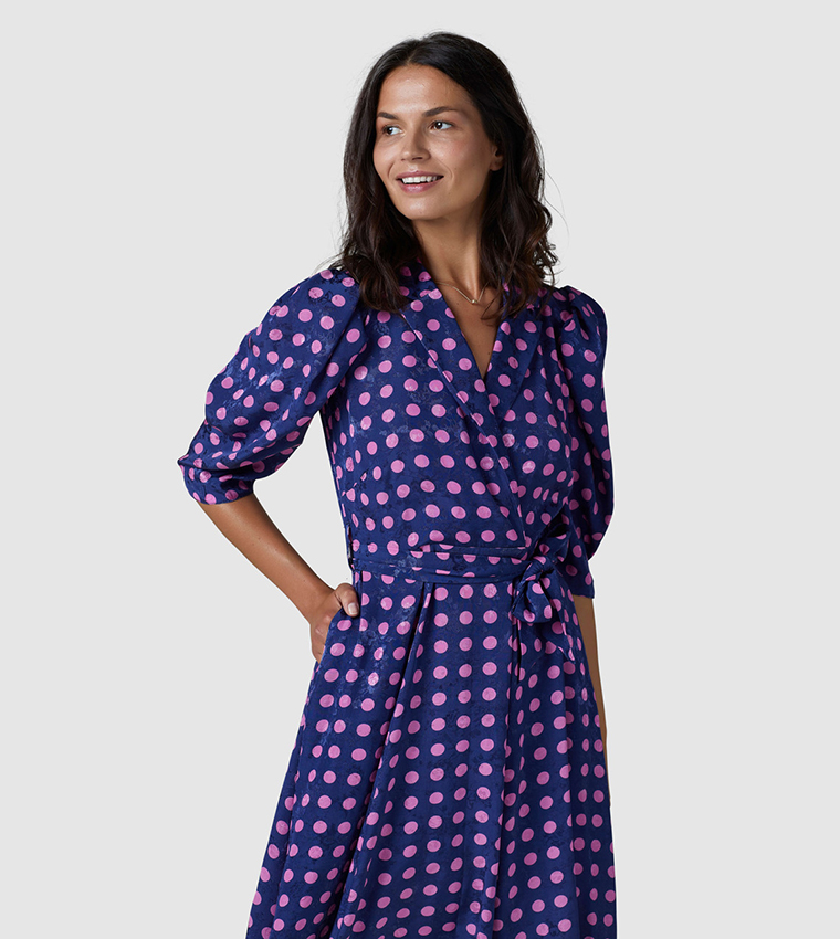 Polka Dots Revere Collar Dress with Waist Belt