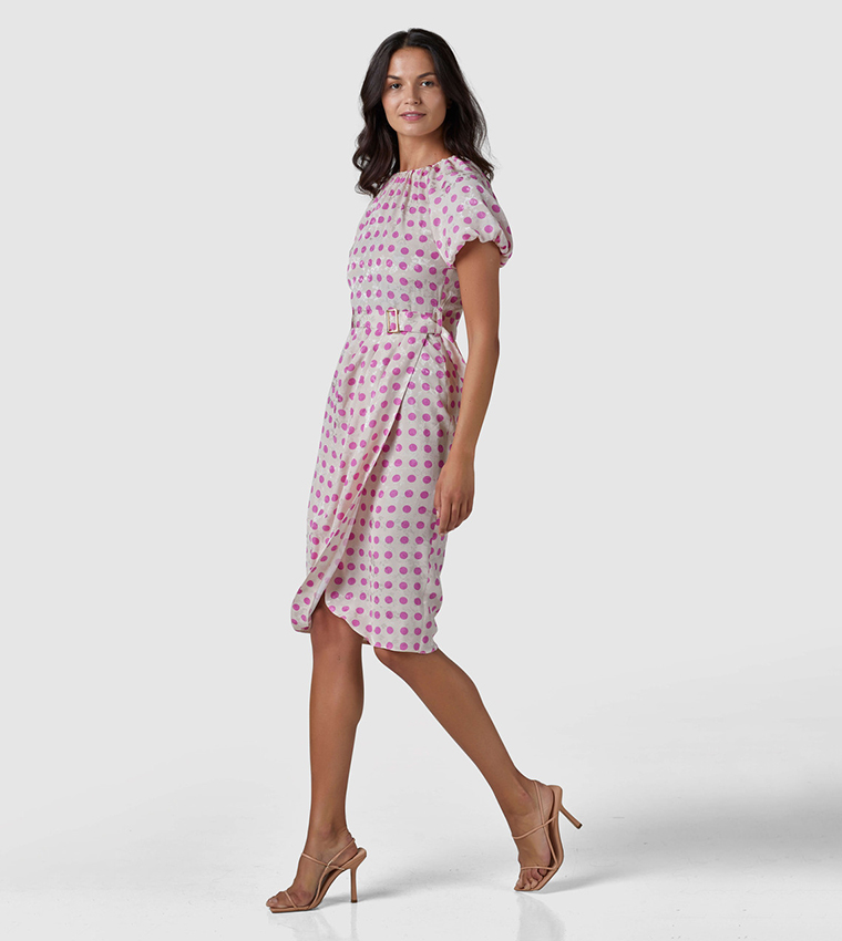 Polka Dots Gathered Neck Tulip Hem Dress