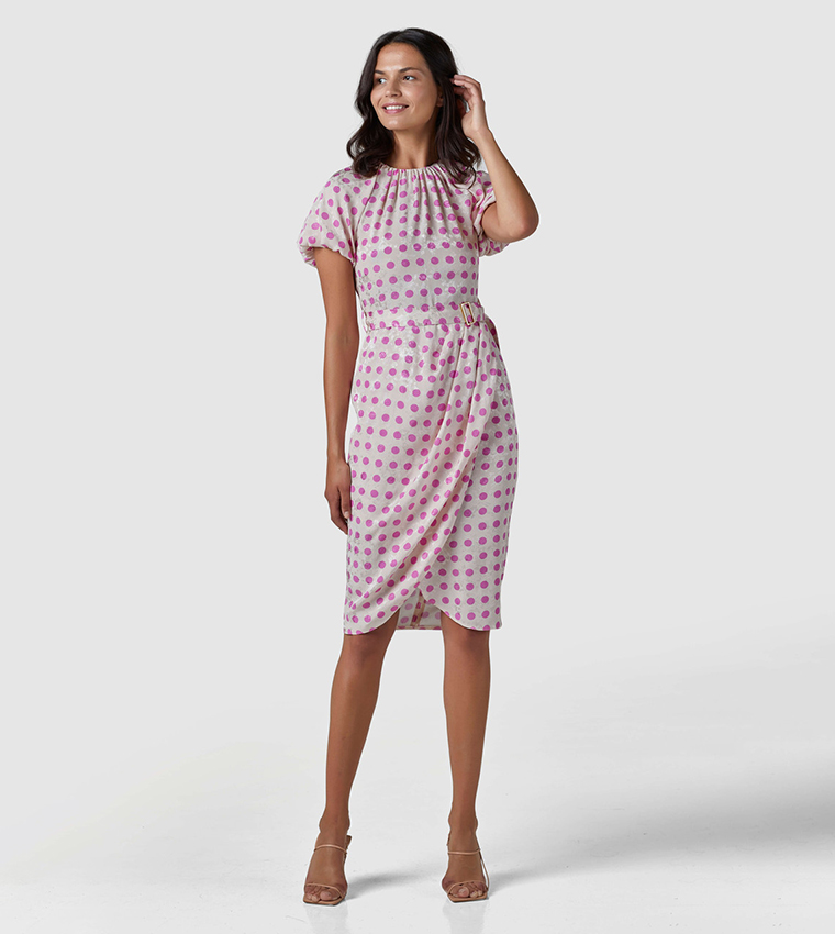 Polka Dots Gathered Neck Tulip Hem Dress