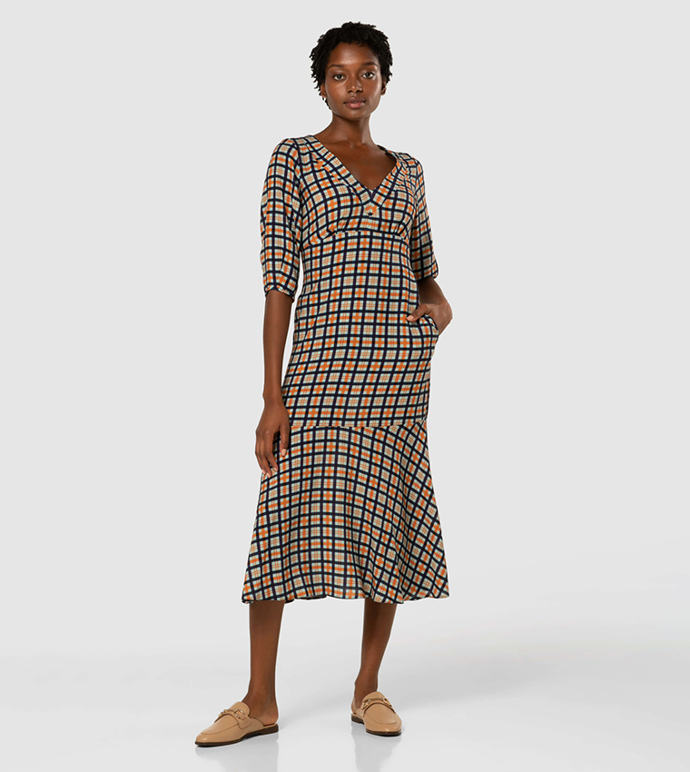 Plaid v hotsell neck dress