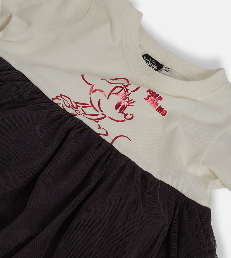 Printed Short Sleeves Tee Mesh Layer Skirt Dress