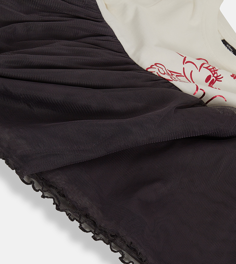 Printed Short Sleeves Tee Mesh Layer Skirt Dress