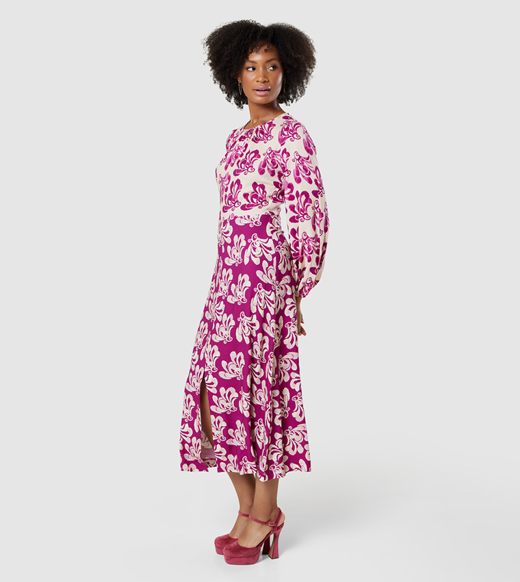 Printed Gathered Neck A-Line Dress