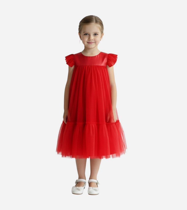 Pleated Round Neck Casual Dress