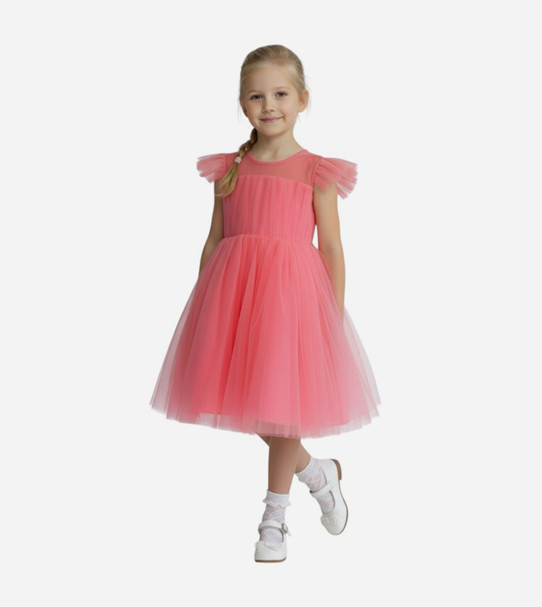 Flutter Sleeves Fit and Flare Tulle Dress