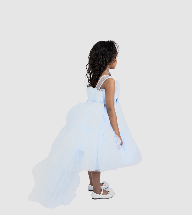 Girls Bow Front Tulle Dress with Long Trail