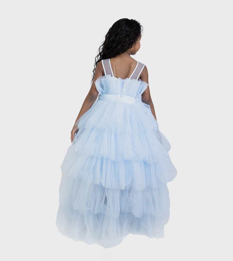 Girls Bow Front Tulle Dress with Long Trail
