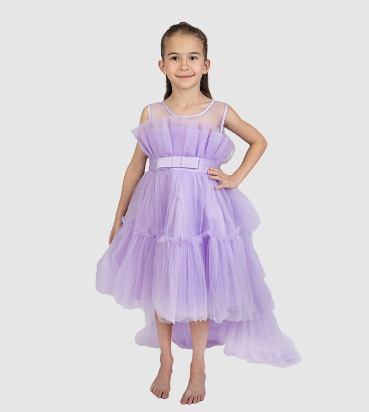 Girls Bow Front Tulle Dress with Long Trail