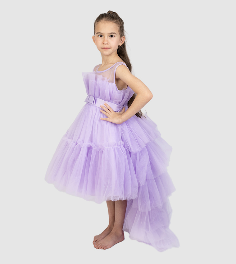 Girls Bow Front Tulle Dress with Long Trail