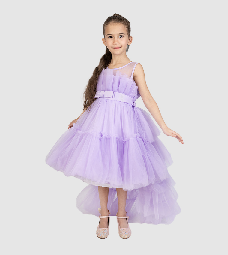 Girls Bow Front Tulle Dress with Long Trail