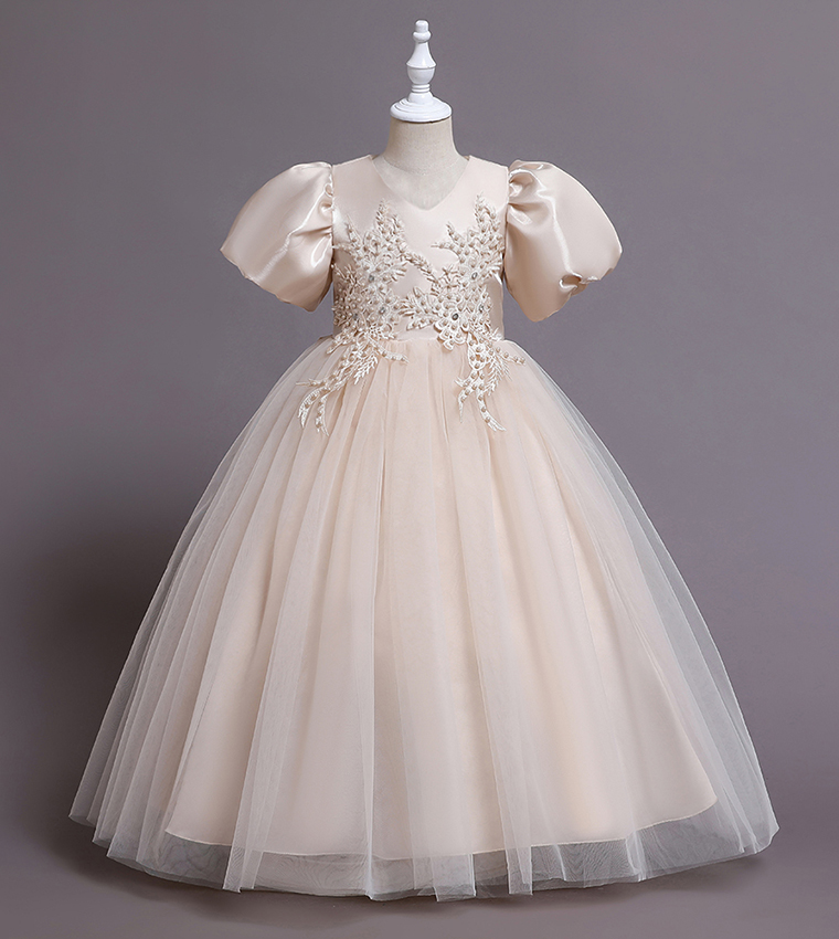 Pearl Embellished Puff Sleeves Party Dress