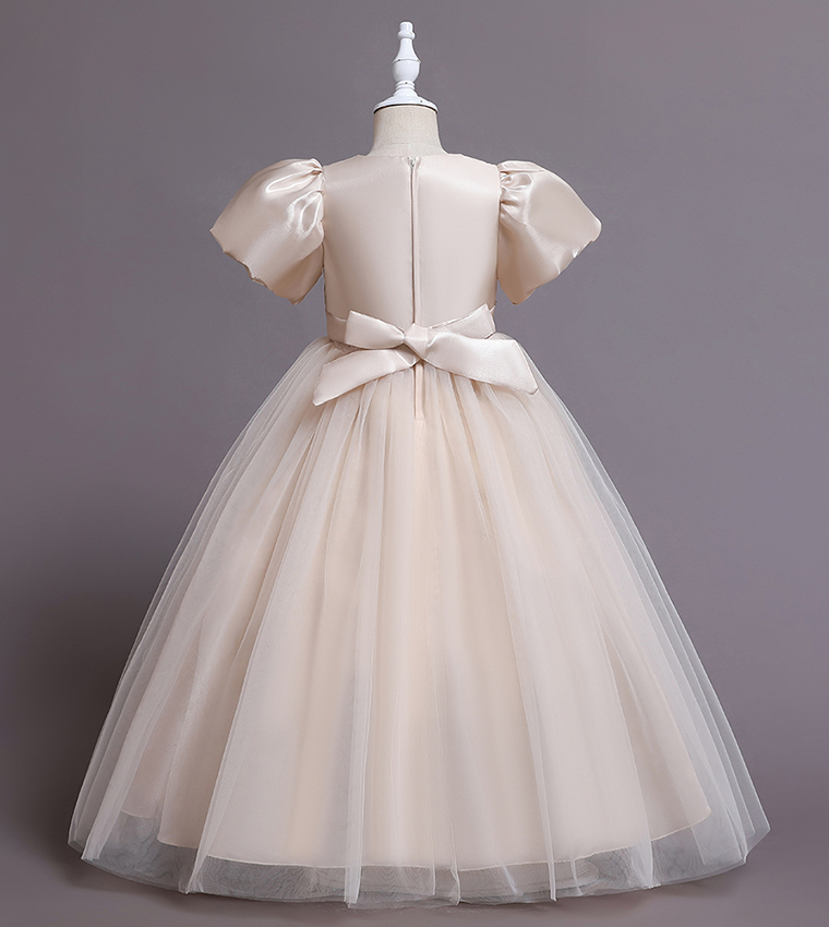 Pearl Embellished Puff Sleeves Party Dress