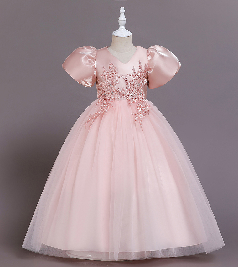 Pearl Embellished Puff Sleeves Party Dress