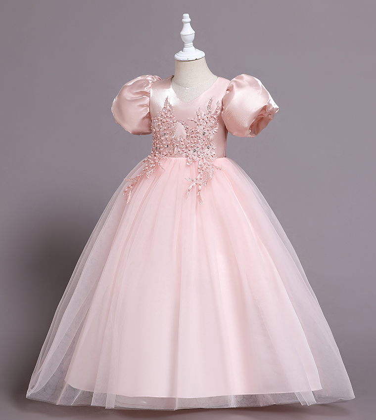 Pearl Embellished Puff Sleeves Party Dress