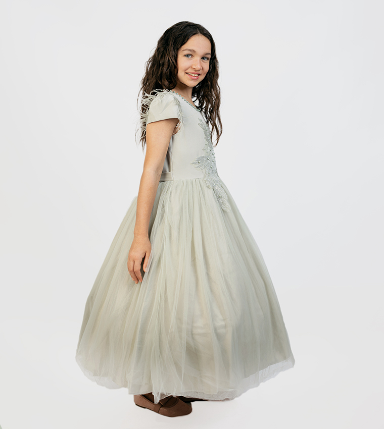 Veolia Pearl Detail Round Neck Party Dress