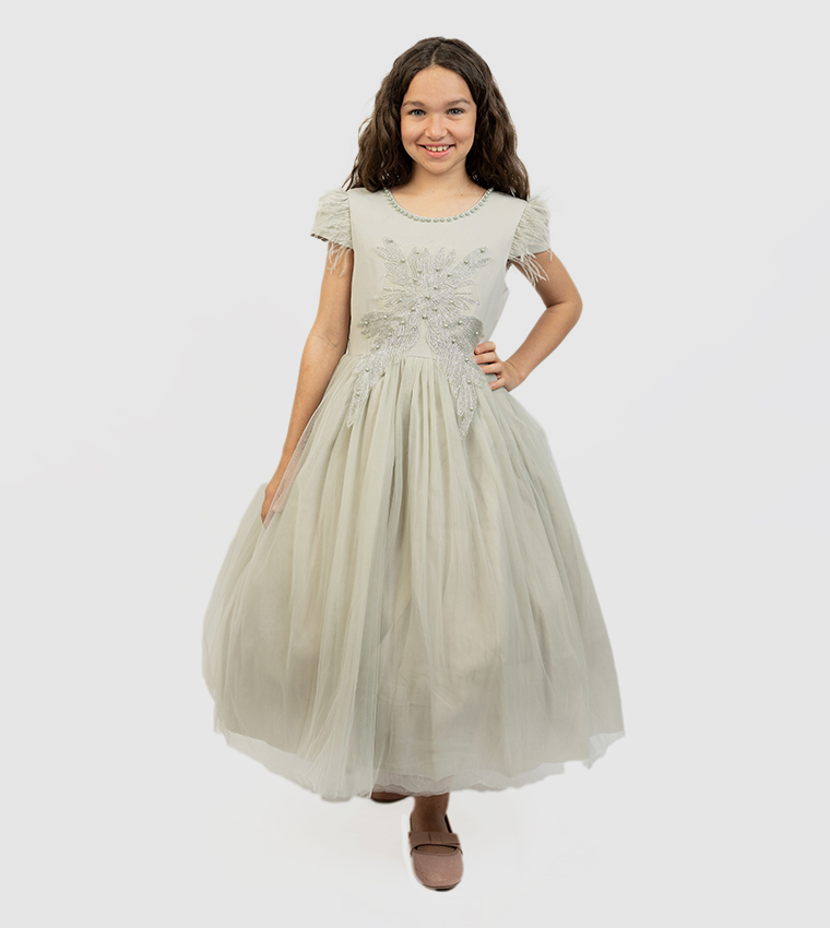 Veolia Pearl Detail Round Neck Party Dress