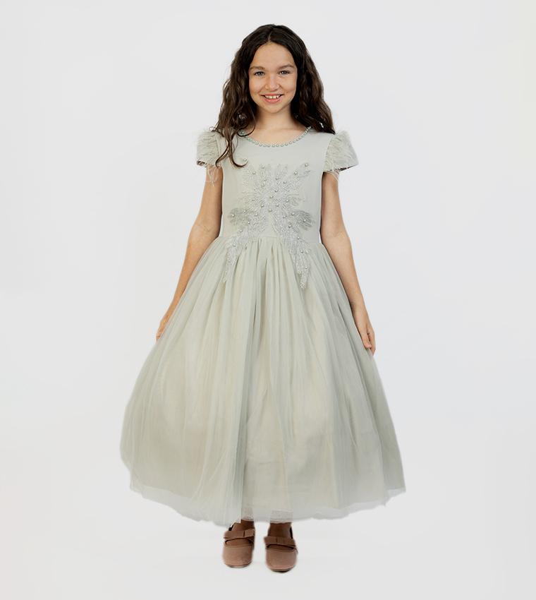 Veolia Pearl Detail Round Neck Party Dress
