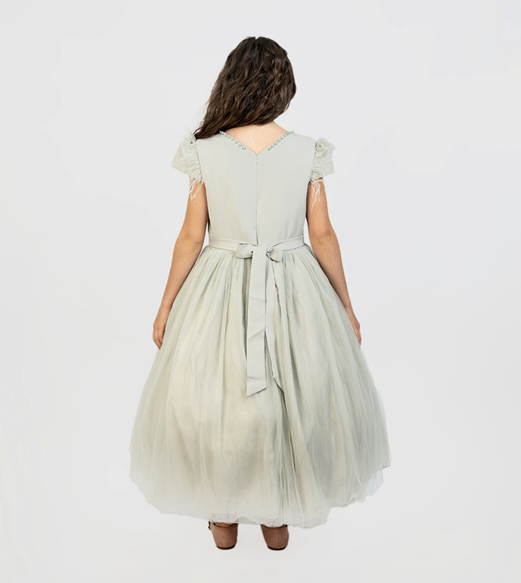 Veolia Pearl Detail Round Neck Party Dress