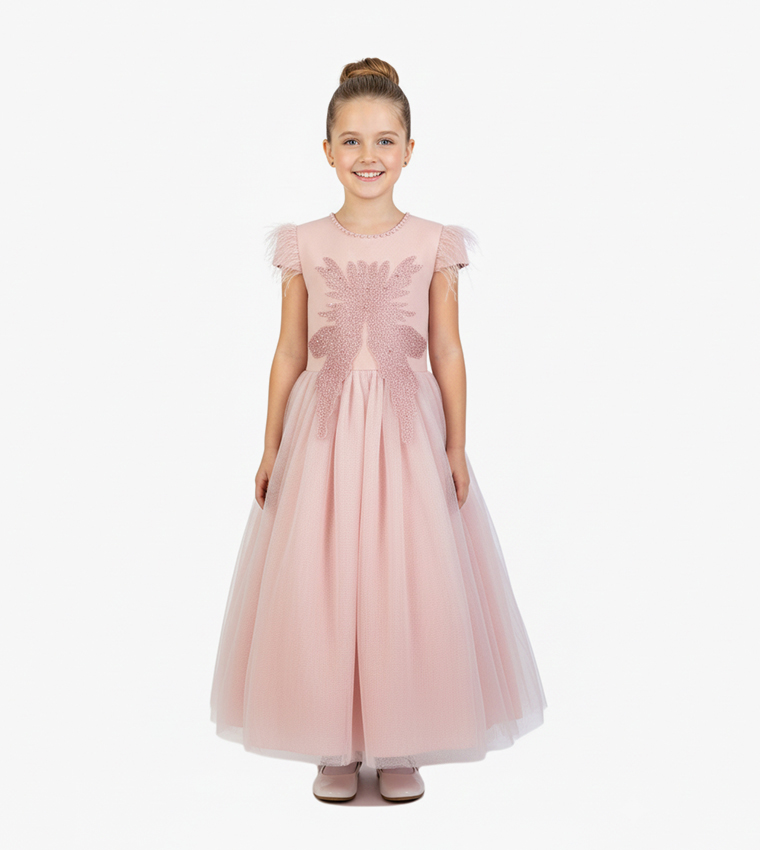 Veolia Pearl Detail Round Neck Party Dress