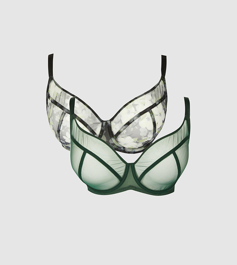 Buy Gorgeous Pack Of 2 Floral Sheer Non Pad Plunge Bras In Khaki