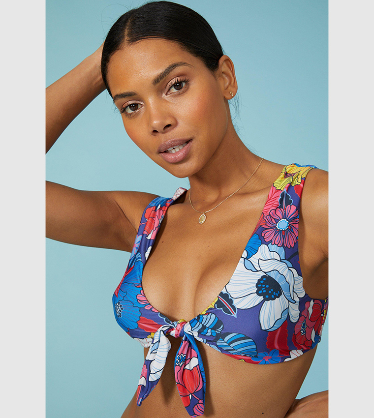 Buy Debenhams Bold Floral Knot Front Detail Bikini Top In Red
