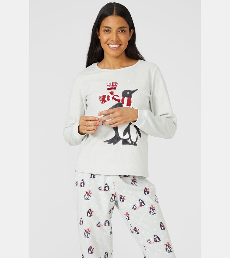 Buy Debenhams Long Sleeves Fleece Penguin Pajama Set In Grey 6thStreet Bahrain