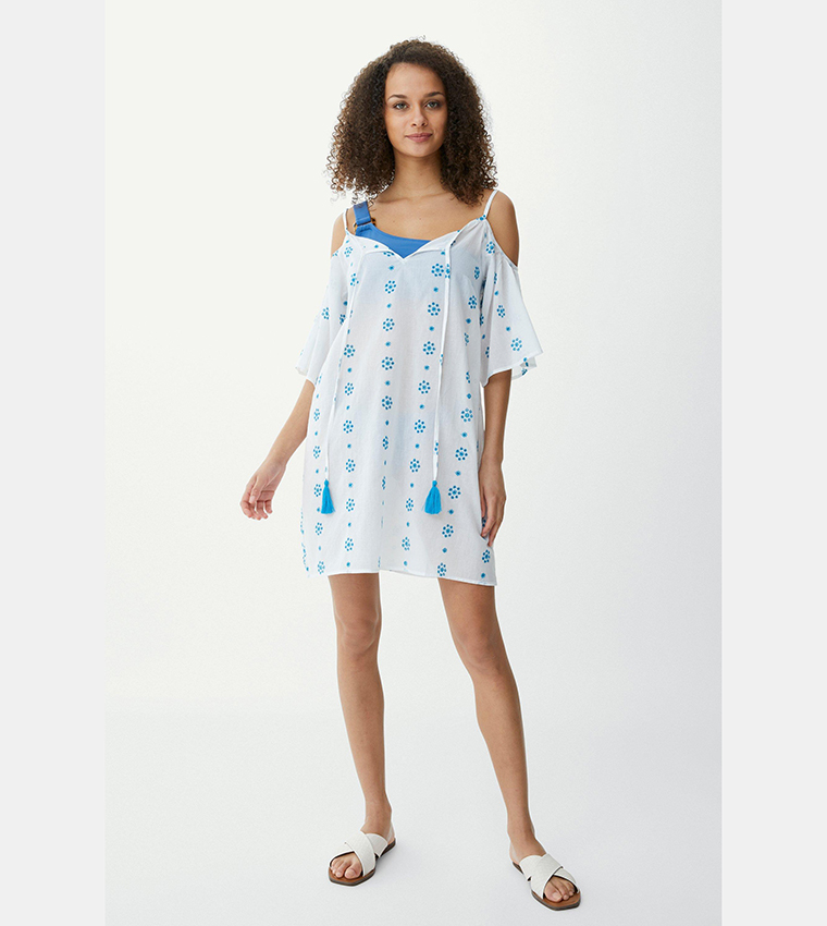 Buy Debenhams Broderie Cold Shoulder Mini Dress In Blue