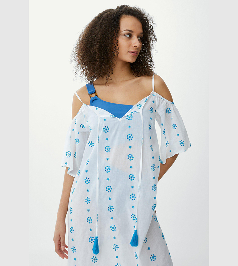 Buy Debenhams Broderie Cold Shoulder Maxi Dress In Blue