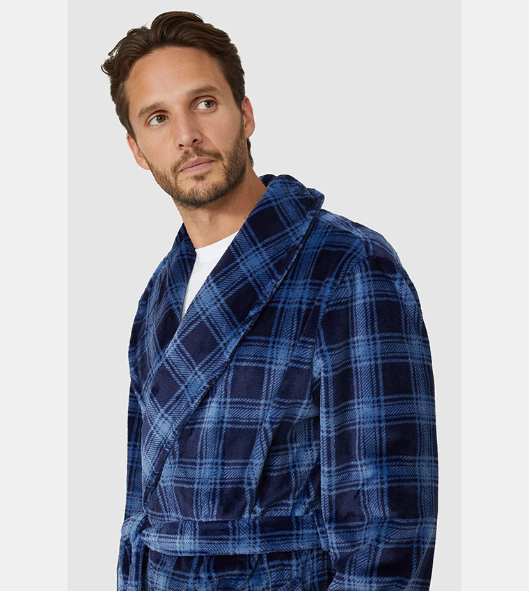 Buy Debenhams Printed Check Shawl Collar Fleece Night Robe In Blue 6thStreet UAE