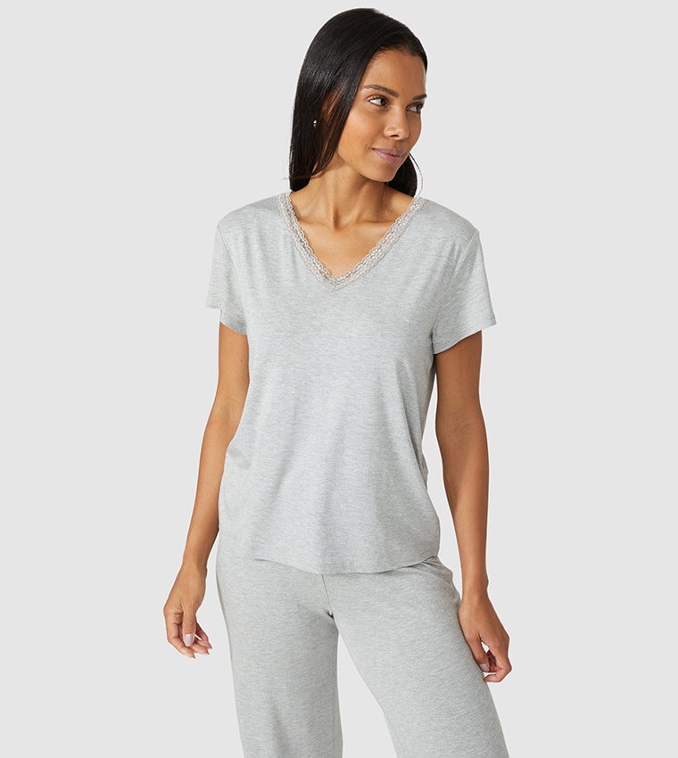 Buy Debenhams Viscose Lace Short Sleeves Top In Grey 6thStreet Kuwait