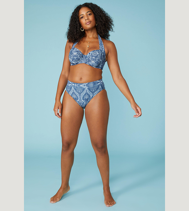 Buy Gorgeous Printed Mid Waist High Leg Bikini Bottom In Navy 6thStreet Kuwait