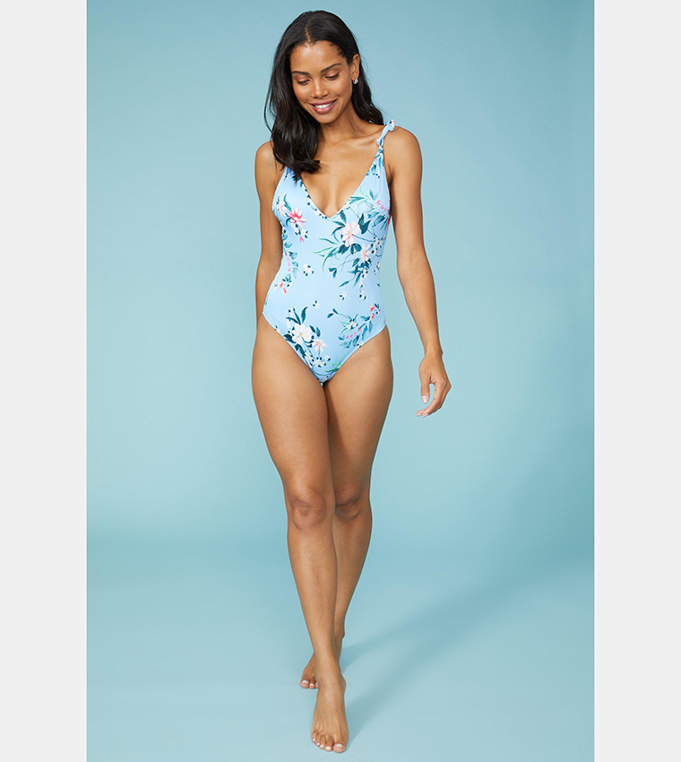 Buy Debenhams Tie Shoulder Floral Printed Swimsuit In Blue 6thStreet Kuwait