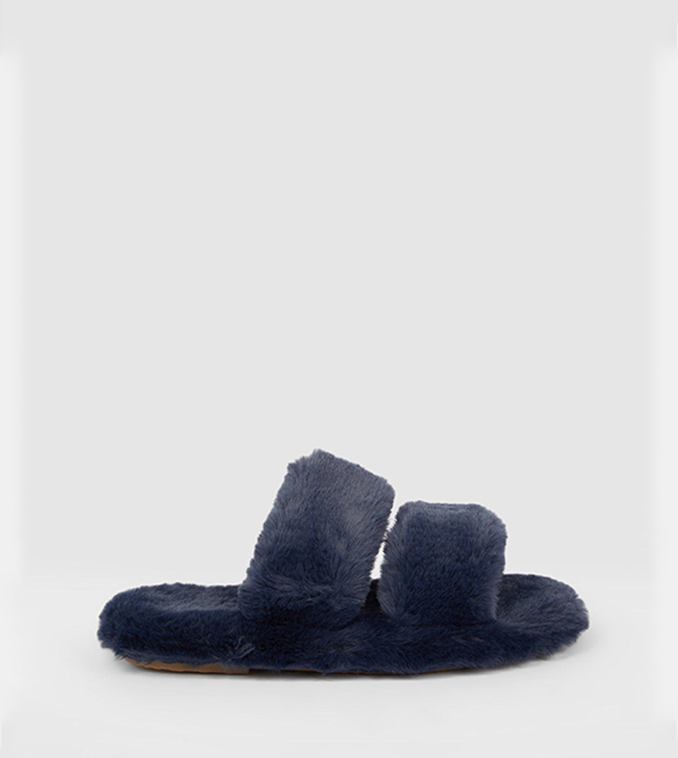 Navy fluffy slippers on sale