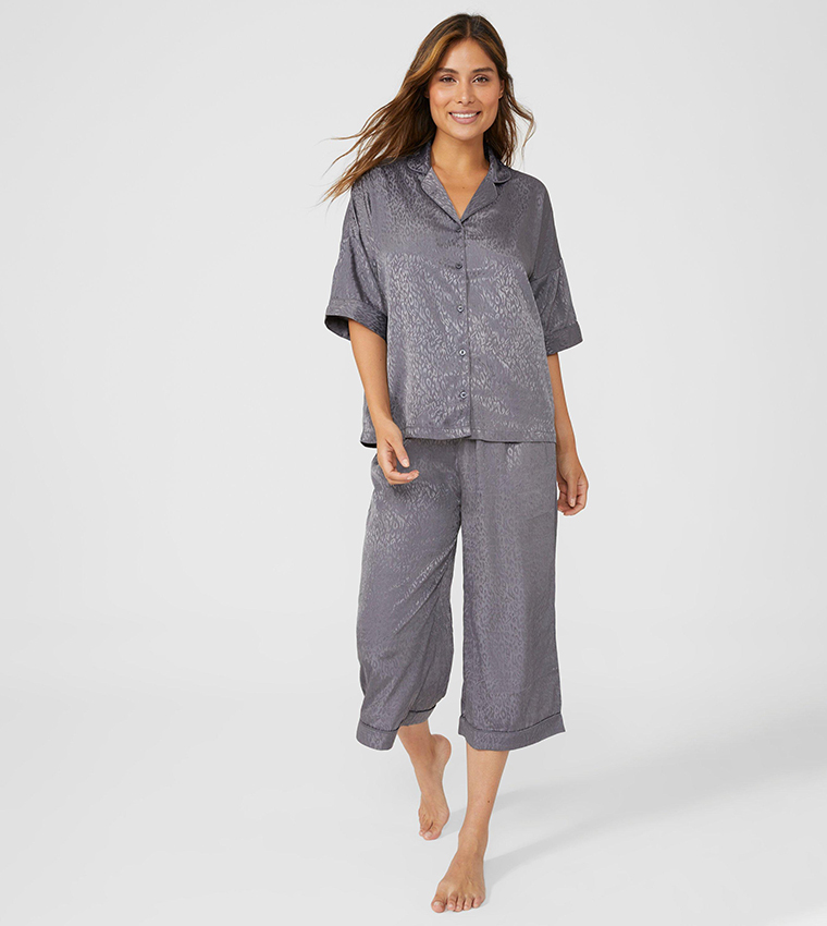 Buy Debenhams Animal Jacquard Satin Short Sleeves Crop Set In Grey 6thStreet Bahrain