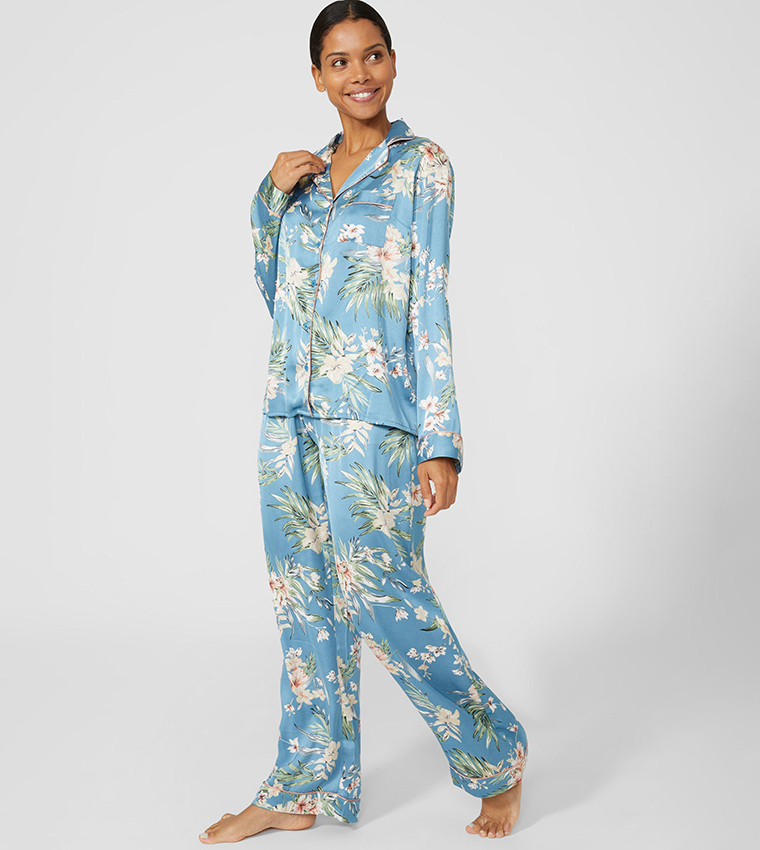 Buy Debenhams Tropical Floral Revere Pajama Set In Blue 6thStreet Kuwait