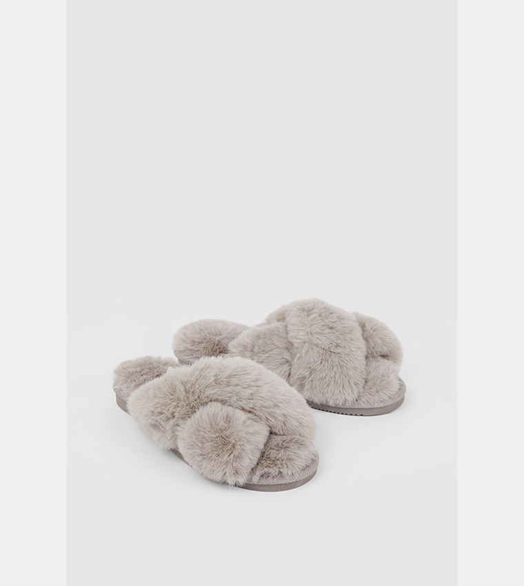 Buy Debenhams Cross Over Fur Slippers In Grey 6thStreet UAE