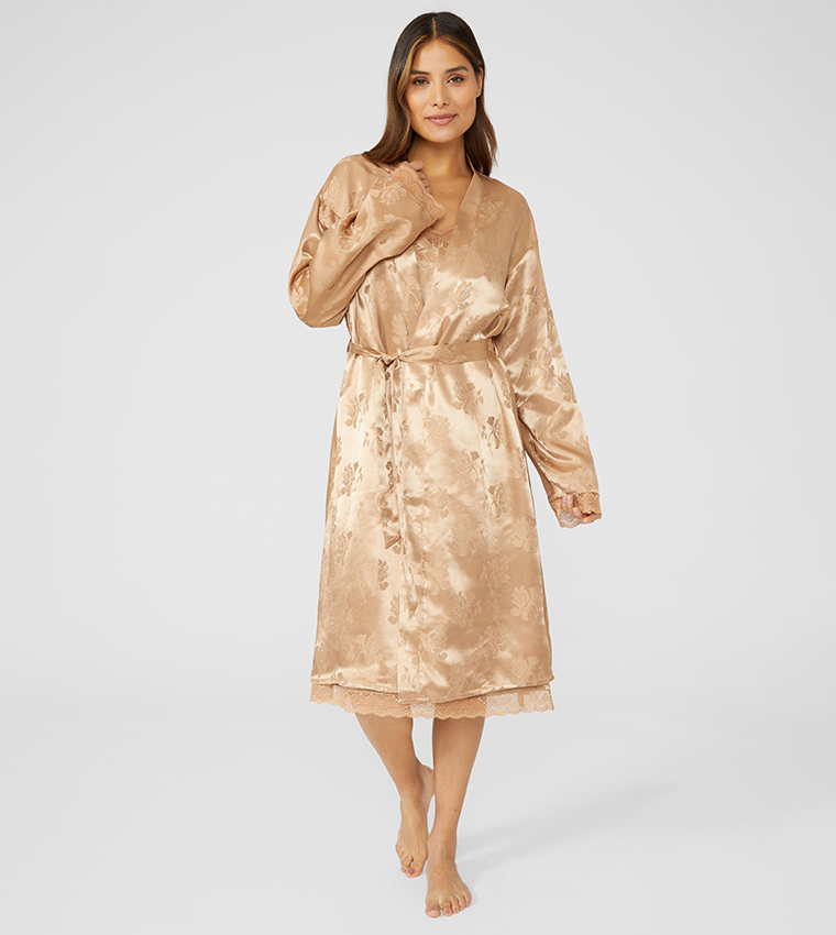 Buy Principles Floral Print Jacquard Satin Robe In Beige 6thStreet Oman