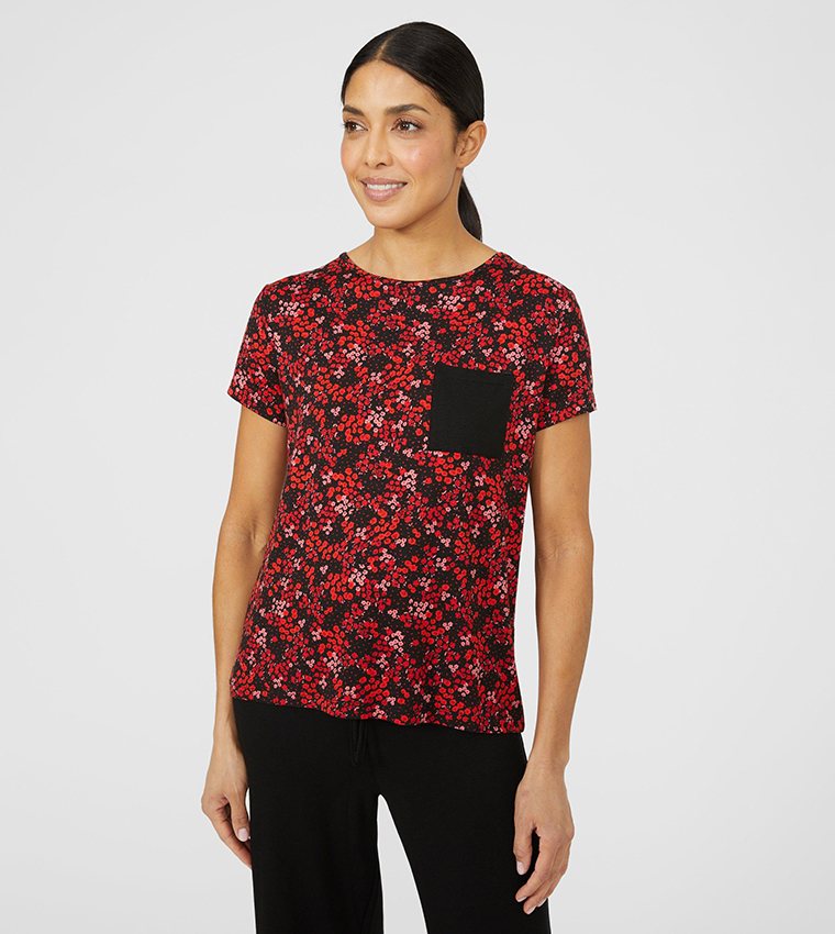 Buy Debenhams Ditsy Short Sleeves Print T Shirt With Plain Pocket In Red 6thStreet Oman