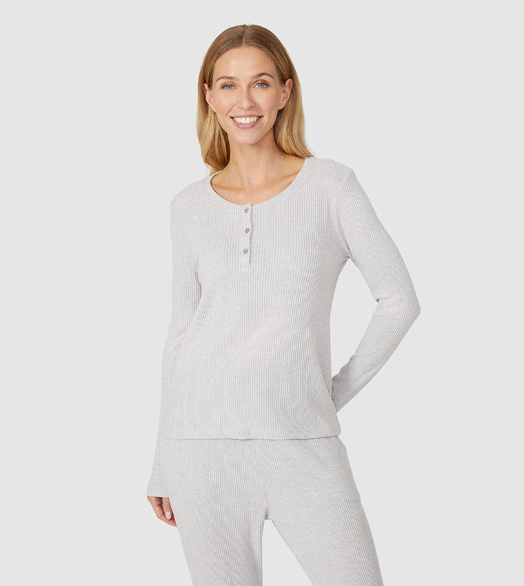 Buy Debenhams Rib Henley Long Sleeves Top In Grey 6thStreet Oman