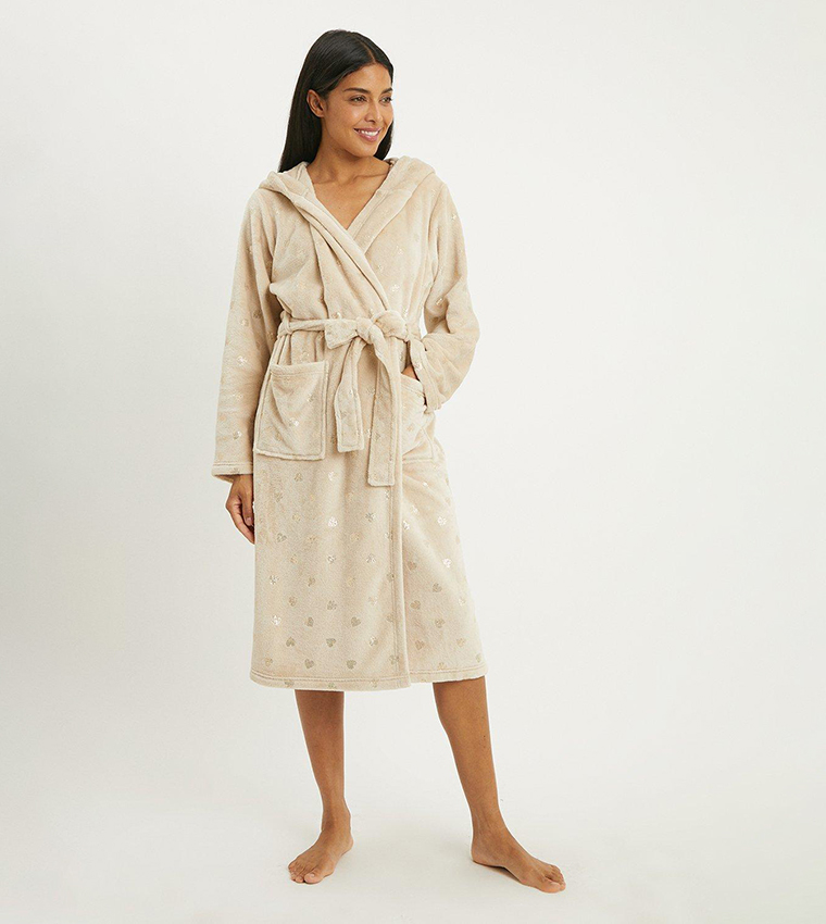 Buy Debenhams Heart Printed Foil Fleece Robe In Taupe 6thStreet Kuwait