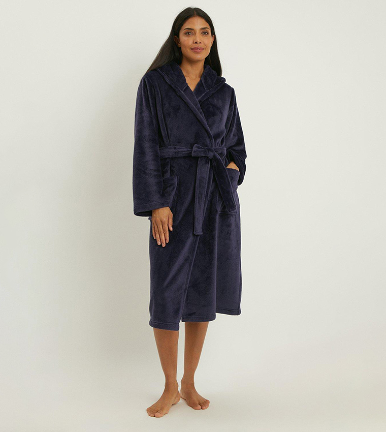 Buy Debenhams Hooded Sleek Fleece Midi Length Robe In Navy 6thStreet Kuwait