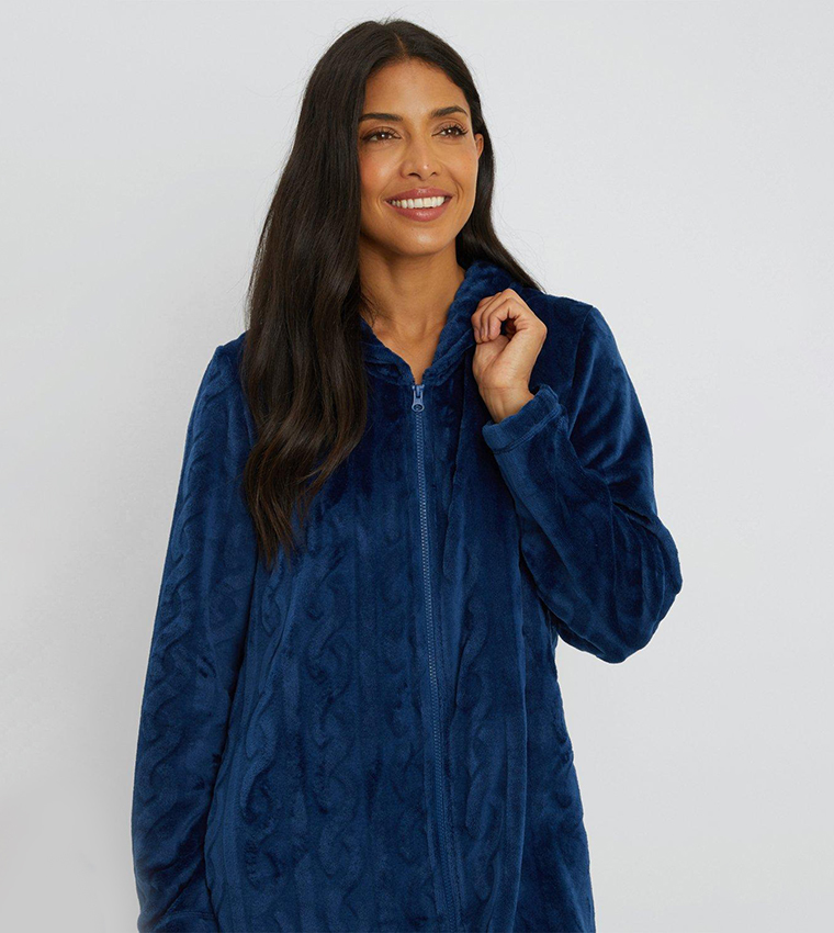 Buy Debenhams Cable Knit Burnout Fleece Zip Robe In Navy 6thStreet Qatar
