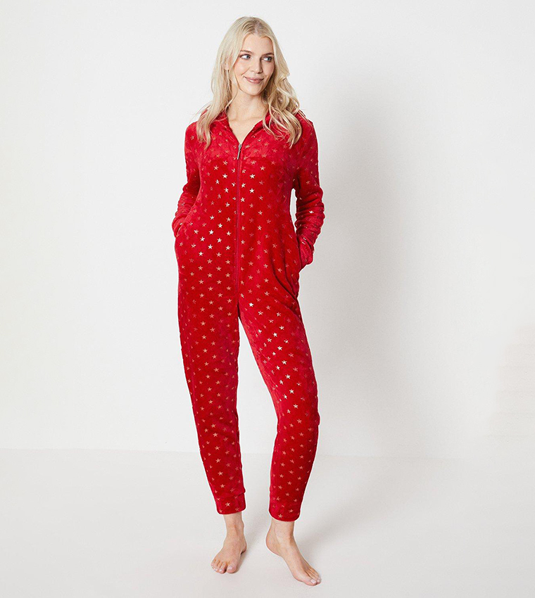 Buy Debenhams Loungable Gold Star Flannel Fleece Jumpsuit In Red 6thStreet Oman
