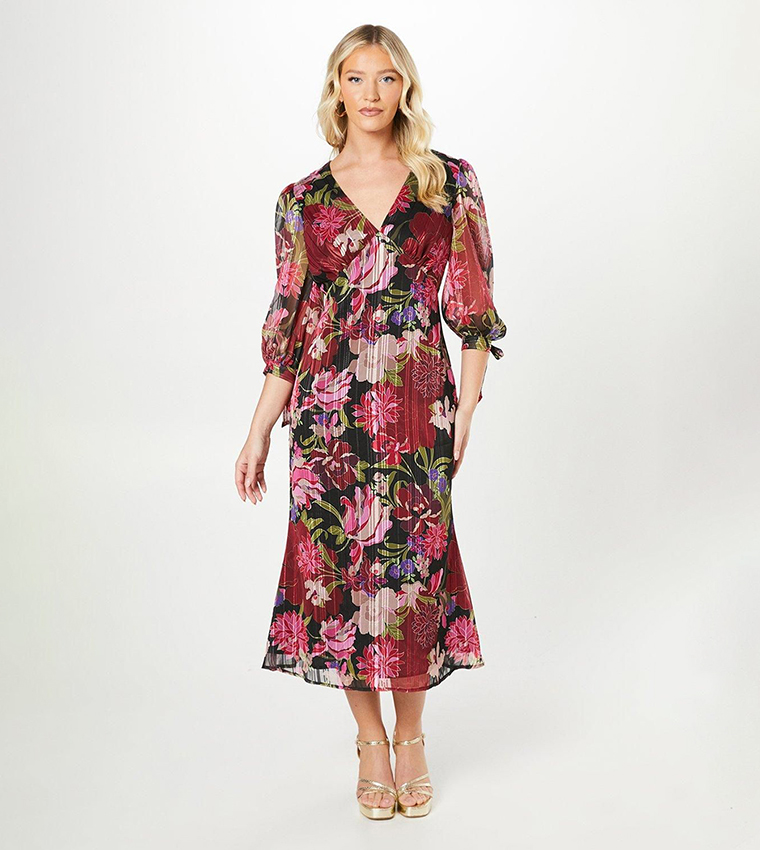 فستان ميدي ساتان برقبة V وكم بلوسون 