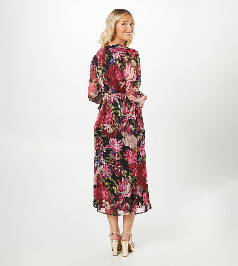 فستان ميدي ساتان برقبة V وكم بلوسون 