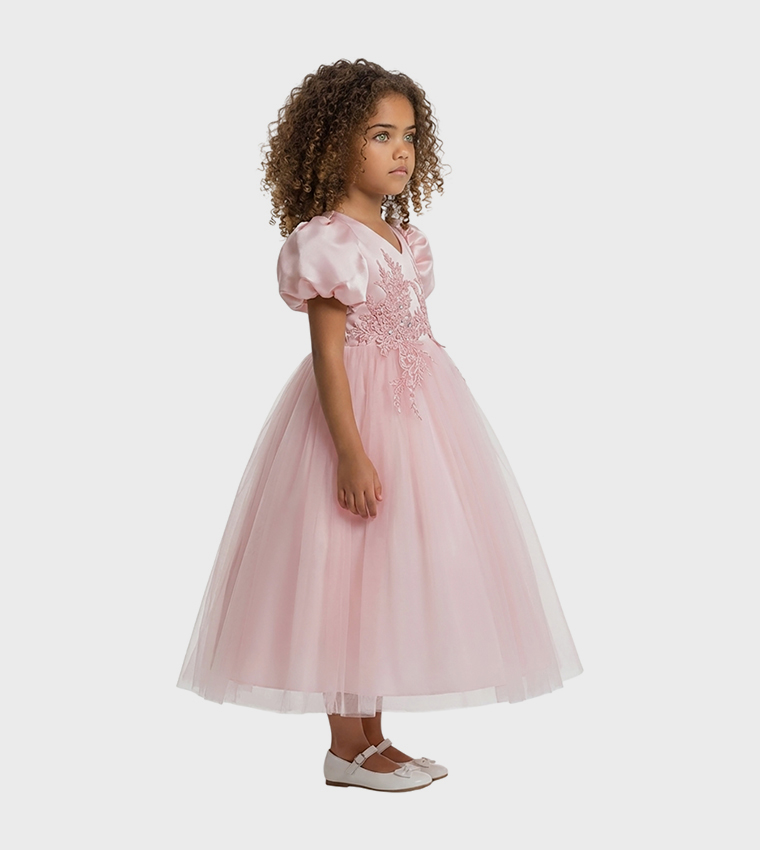 Puff Sleeve Long Tulle Pearl Dress