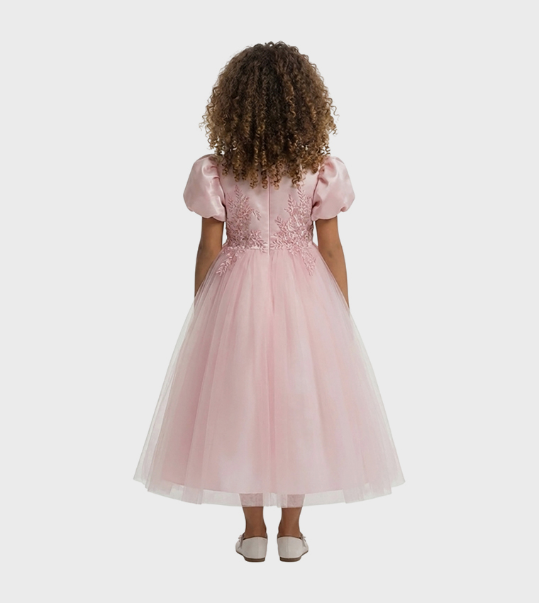 Puff Sleeve Long Tulle Pearl Dress