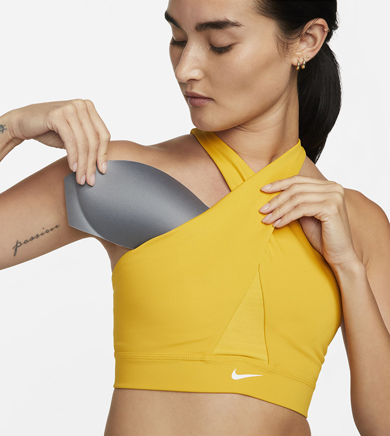 Buy Nike IC Dri Fit Swoosh Wrap Bra In Yellow